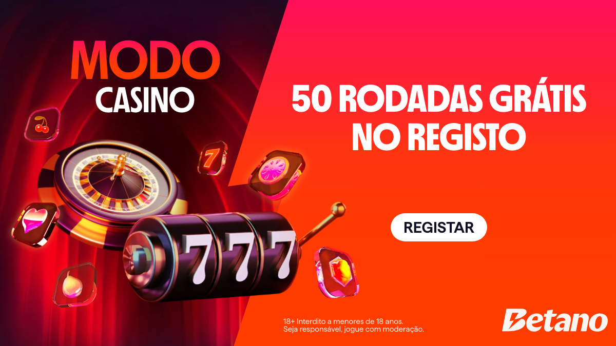 Imagem gráfica em tons de laranja e vermelho para a divulgação do bónus de casino da Betano: 50 rodadas grátis no registo. Na imagem, pode-se ver elementos de casino, como uma roleta e outros símbolos diversos de caça-níqueis. 