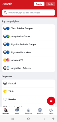 Captura de ecr do Betclip app demonstrando top competies com lista incluindo Futebol Europeu, Amigveis - Clubes, Liga Conferncia Europa etc.