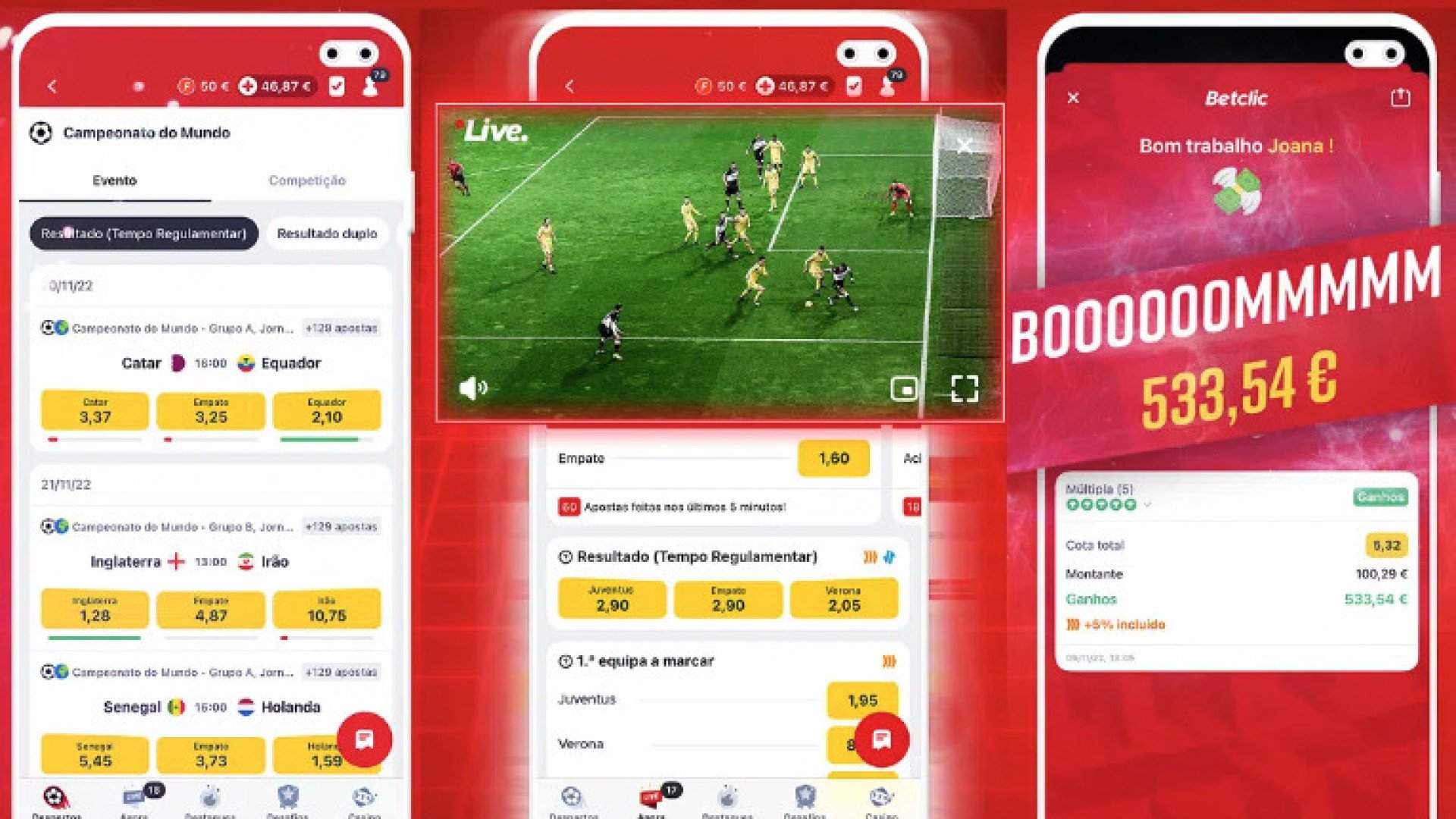 Imagem com verso mobile da Betclic e transmisso ao vivo de futebol em tela separada.