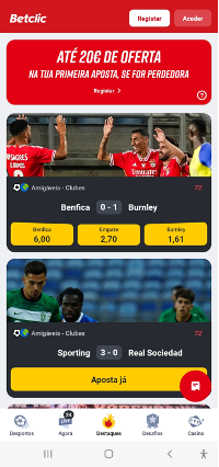 Captura de ecr da aplicao mvel Betclic onde pode ver-se resultado de jogo Benfica x Burnley e a promoo de cdigo promocional Betclic para a primeira aposta.