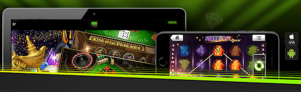 Imagem grfica com tablet e telemvel lado a lado com jogos abertos representando a verso mvel e app do 888casino. 