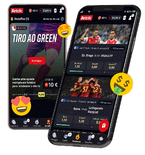 Dois telemveis lado a lado abertos no app Betclic demonstrando jogos e apostas. 