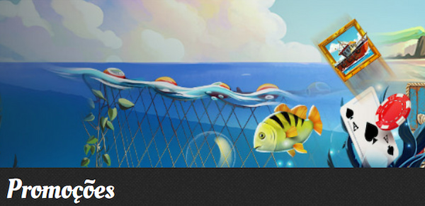 888 promoes: imagem de mar contendo uma rede, um peixe, um s de espadas e uma ficha de poker