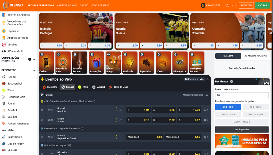 Website Betano: desportos do lado esquerdo, eventos ao vivo ao centro, Bet Mentor  direita