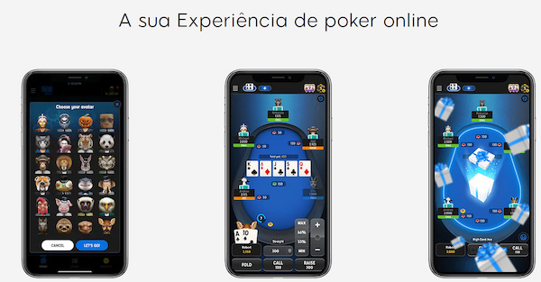 Divulgao da experincia de poker online do 888 Casino app com trs telemveis lado a lado abertos na plataforma. 