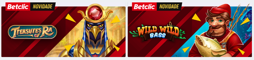 Duas imagens lado a lado com ilustraes de dois jogos disponveis no Betclic casino: Treasures of Ra e Wild Wild Bass.
