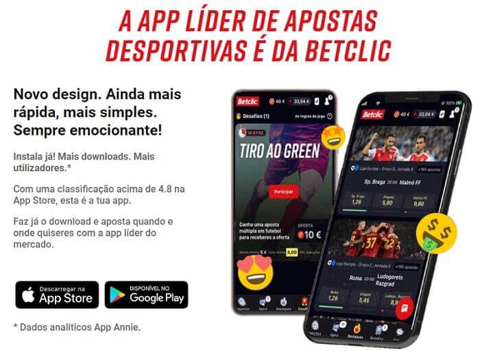 Imagem grfica com dois telemveis abertos na Betclic app representando a verso mobile da casa de apostas.